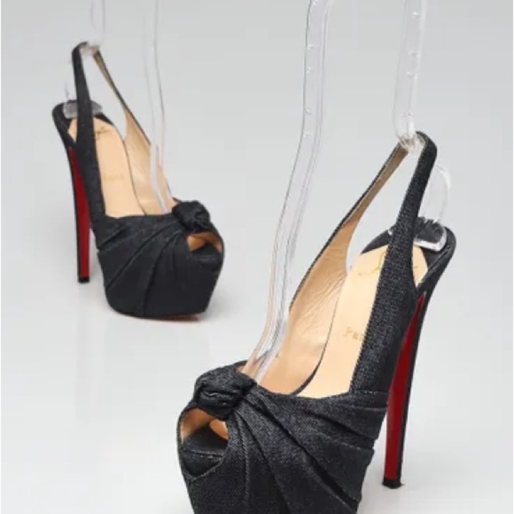 Christian Louboutin denim and Red Heels with Peep-Toe and High Stiletto